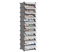 SONGMICS Meuble à Chaussures avec 10 Compartiments Rectangulaires, pour 20 Paires, Étagère Modulable en Plastique, Boîte à chaussures, avec Porte, Maillet, Rangement, Gris LPC010G01
