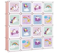 SONGMICS Meuble Rangement Enfant 16 Cubes, Armoire Modulable avec Portes, Étagère en Plastique, pour Jouets, 123 x 31 x 123 cm, Rose