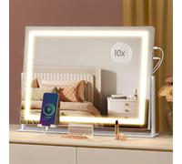 SONGMICS Miroir de Maquillage avec Éclairage, 58 x 43 cm, 15 Ampoules LED, Contrôle Tactile, 3 Températures de Lumière, Intensité Réglable, Support de Téléphone, Blanc Mat LWM002W02