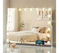 SONGMICS Miroir de Maquillage avec Lumières, 80 x 60 cm, 18 Ampoules LED, Ports de Charge, Miroir Grossissant Détachable 10x, 3 Températures de Couleur, Support de Téléphone, Blanc Mat LWM003WC02