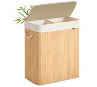 SONGMICS Panier à Linge 100 L, Corbeille Linge Sale 2 Compartiments de Tri, Couvercle, en Bambou, Poignées, Pliable, Sac Amovible Lavable en Machine, Buanderie, Chambre, Couleur Boisée LCB074Y01V1