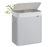 SONGMICS Panier à Linge 100 L, Corbeille Linge Sale 2 Compartiments de Tri, Couvercle, en Bambou, Poignées, Pliable, Sac Amovible Lavable en Machine, Buanderie, Chambre, Gris LCB064G01V1