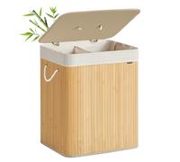 SONGMICS Panier à Linge 120 L, Corbeille Linge Sale 2 Compartiments de Tri, Couvercle, en Bambou, Poignées, Pliable, Sac Amovible Lavable en Machine, Buanderie, Chambre, Naturel LCB014Y01V1