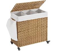 SONGMICS Panier à Linge, 140L, Imitation Rotin, 3 Parties, Sac Amovible, 66 x 33 x 60 cm, Couleur Boisée LCB363N01