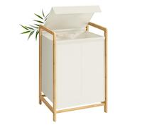 SONGMICS Panier à Linge 2 Compartiments, 100 L, Structure en Bambou | Corbeille à Linge Sale, Couvercle Renforcé et Amovible, Sac Amovible, Blanc et Jaune, Collection ROCKI RLH102WD01