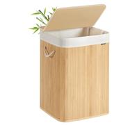 SONGMICS Panier à Linge 95 L, Corbeille Linge Sale, Couvercle, en Bambou, Poignées, Pliable, Sac Amovible Lavable en Machine, pour Buanderie, Chambre, Couleur Boisée LCB060Y01