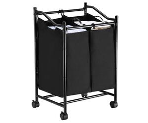 SONGMICS - Panier à linge à 2 compartiments, 90 L, noir, pliable, 2 × 45 L, structure en fer, bac à linge en polyester, trieur de linge, chariot à linge, collecteur de linge LSF002BK
