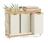 SONGMICS Panier à Linge, avec 3 Compartiments, Corbeille à Linge Sale, en Bambou, Capacité de 150 Litres, avec Étagère, Poches Latérales, 3 x 50 L, 94 x 33 x 78 cm, Blanc Crème RLH115W01