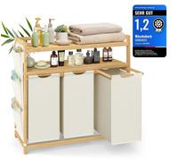 SONGMICS, panier à linge avec 3 compartiments, en bambou, 150 litres, avec espace de rangement – Crème, dimensions 150 litres (2 niveaux + 3 compartiments)