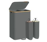 SONGMICS Panier à Linge avec Couvercle, 150 Litres, Cadre en Bambou | Corbeille pour Linge Sale, Sacs Amovibles, 2 Compartiments, pour Buanderie, Gris Ardoise, Collection ROXANNE LCB532GN01