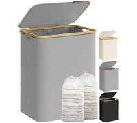 SONGMICS Panier à Linge avec Couvercle à 2 Compartiments, 130L, Sac Amovible, Tissu Oxford, Poignées en Bambou, Pliable, 52 x 38,5 x 70,5 cm, Gris Tourterelle LCB513G01