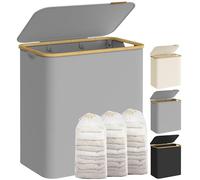 SONGMICS Panier à Linge avec Couvercle à 3 Compartiments, 150L, Sac Amovible, Tissu Oxford, Poignées en Bambou, Pliable, 60 x 38,5 x 70,5 cm, Gris Tourterelle LCB515G01