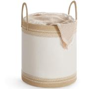 SONGMICS Panier à Linge, Corbeille 60 L, Rangement avec Couvercle, Corde en Coton, Poignée, Cordon de Serrage, pour Vêtements, Couvertures, Salon, Chambre, 41 x 41 x 46 cm, Marron Camel RLH060K01