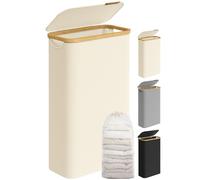 SONGMICS Panier à Linge Mince avec Couvercle, 65L, Gain de Place, Doublure en Maille Amovible, Tissu Oxford, Poignées en Bambou, Pliable, 42 x 22,5 x 70,5 cm, Blanc Crème LCB506W01