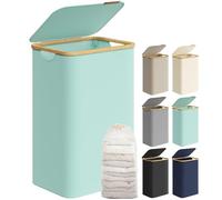 SONGMICS Panier à Linge Mince avec Couvercle, 90L, Gain de Place, Doublure en Maille Amovible, Tissu Oxford, Poignées en Bambou, Pliable, 42 x 32 x 70,5 cm, Vert Menthe LCB509C01