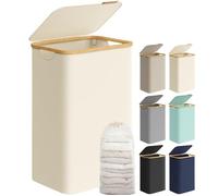 SONGMICS Panier à Linge Mince avec Couvercle, 90L, Gain de Place, Doublure en Maille Amovible, Tissu Oxford, Poignées en Bambou, Pliable, 42 x 32 x 70,5 cm, Blanc Crème LCB509W01