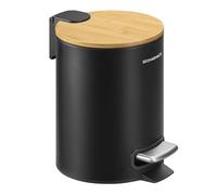 SONGMICS Petite Poubelle, avec Couvercle en Bambou, Pédales en Métal, Seau Amovible, Fermeture en Douceur, pour Salle de Bain, 3 L, Noir d'encre LTB113BZ01