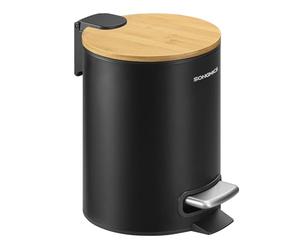 SONGMICS Petite Poubelle, avec Couvercle en Bambou, Pédales en Métal, Seau Amovible, Fermeture en Douceur, pour Salle de Bain, 3 L, Noir d'encre LTB113BZ01