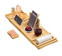 SONGMICS Plateau de Baignoire Extensible en Bambou, Plateau de Bain, Largeur 70 à 95,6 cm, Pliable, Antidérapant, pour Livre, Tablette, Verre de Vin, Serviette, Beige Naturel BCB072N01