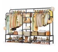 SONGMICS Portant à Vêtements, 9 Étagères, Cadre en Métal, Tringles | Armoire Penderie Ouverte, Porte-manteau, pour Chambre, Salon, Entrée, Noir, Collection PATAYE HSR183B01