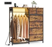 SONGMICS Portant à Vêtements avec 6 Tiroirs, Vestiaire avec Éclairage LED et Prises, Étagère à Chaussures, pour Chambre et Entrée, 102,7 x 35 x 117,6 cm, Marron Rustique, Collection BELLAH LGS523K102