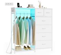 SONGMICS Portant à Vêtements avec 6 Tiroirs, Vestiaire avec Éclairage LED et Prises, Étagère à Chaussures, pour Chambre et Entrée, 102,7 x 35 x 117,6 cm, Blanc Nuage, Collection BELLAH LGS523W102