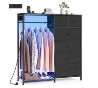 SONGMICS Portant à Vêtements avec 6 Tiroirs, Vestiaire avec Éclairage LED et Prises, Étagère à Chaussures, pour Chambre et Entrée, 102,7 x 35 x 117,6 cm, Noir Boisé, Collection BELLAH LGS523B202