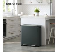 SONGMICS Poubelle à Double Compartiment 2 x 30 L, avec 15 Sacs Poubelles, Pédales en Métal, 2 Seaux Intérieurs en Plastique, Couvercles, Poignées, Fermeture en Douceur GRIS FONCÉ