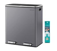 SONGMICS Poubelle à Double Compartiment 2 x 30 L, avec 15 Sacs Poubelles, Pédales en Métal, 2 Seaux Intérieurs en Plastique, Couvercles, Poignées, Fermeture en Douceur, Gris Ardoise LTB060G01