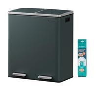SONGMICS Poubelle à Double Compartiment 2 x 30 L, avec 15 Sacs Poubelles, Pédales en Métal, 2 Seaux Intérieurs en Plastique, Couvercles, Poignées, Fermeture en Douceur, Gris Verdâtre LTB60GS