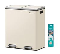 SONGMICS Poubelle à Double Compartiment 2 x 30 L, avec 15 Sacs Poubelles, Pédales en Métal, 2 Seaux Intérieurs en Plastique, Couvercles, Poignées, Fermeture en Douceur, Couleur Crème LTB060A01