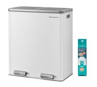 SONGMICS Poubelle à Double Compartiment 2 x 30 L, avec 15 Sacs Poubelles, Pédales en Métal, 2 Seaux Intérieurs en Plastique, Couvercles, Poignées, Fermeture en Douceur, Blanc et Gris LTB60WT
