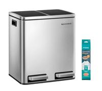 SONGMICS Poubelle Cuisine, 2 x 15 L, Poubelle Tri, avec Pédale, 2 Compartiments, 15 Sacs Poubelles, Seaux Intérieurs, Couvercles en Douceur, en Acier, Argent Métallique et Noir d'Encre LTB30H