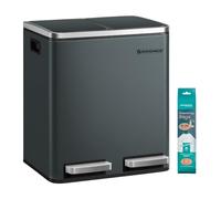 SONGMICS Poubelle Cuisine, 2 x 15 L, Poubelle Tri, avec Pédale, 2 Compartiments, 15 Sacs Poubelles, Seaux Intérieurs, Couvercles en Douceur, en Acier, Gris Verdâtre LTB030GT01