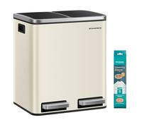 SONGMICS Poubelle Cuisine, 2 x 15 L, Poubelle Tri, avec Pédale, 2 Compartiments, 15 Sacs Poubelles, Seaux Intérieurs, Couvercles en Douceur, en Acier, Beige Sable et Noir d'Encre LTB30A02