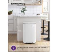 SONGMICS Poubelle Cuisine 50 L, Poubelle Bureau, Fermeture en Douceur, avec Pédale, en Acier, Seau Intérieur, Blanc