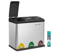 SONGMICS Poubelle Cuisine, Poubelle de Tri 3 x 8L, Petit Volume, Couvercles, Poubelle Triple en Acier, pour Petites Familles, Pédales et Seaux, Facile à Nettoyer, Argent et Noir LTB24L