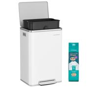 SONGMICS, poubelle de 50 litres, en acier, avec couvercle, système de fermeture en douceur, 15 sacs poubelle – couleur blanc nuage