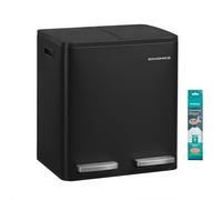 SONGMICS Poubelle de Cuisine 2 x 15 L, Corbeille de Tri 2 Compartiments, avec 15 Sacs Poubelle, Seaux Amovibles, avec Couvercle, Poignées, Fermeture en Douceur, en Acier, Noir d'Encre LTB130BZ02