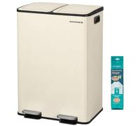 SONGMICS Poubelle de Cuisine, 2 x 30 L, 2 Compartiments, Poubelle à Pédale, Couvercle à Fermeture Douce, avec Seaux Intérieurs, Acier, 15 Sacs Poubelle Inclus, Couleur Crème LTB741AZ02