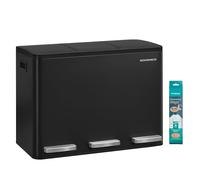SONGMICS Poubelle de Cuisine 3 x 15 L, Corbeille de Tri 3 Compartiments, avec 15 Sacs Poubelle, Seaux Amovibles, avec Couvercle, Poignées, Fermeture en Douceur, en Acier, Noir d'Encre LTB145BZ02