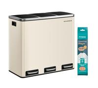 SONGMICS poubelle de cuisine, 3 x 18 L, système de tri sélectif 3 compartiments, poubelle, poubelle à pédale, pour sacs jaunes, déchets organiques, avec couvercle, acier, beige sable LTB054A02