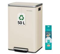 SONGMICS Poubelle de Cuisine 50 L, avec 15 Sacs Poubelle, en Acier, Seau Intérieur Amovible en Plastique, avec Couvercle, Poignées, Fermeture en Douceur, Couleur Crème LTB595A02