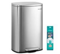 SONGMICS Poubelle, Poubelle à pédale, 50 litres, en acier, seau intérieur en plastique, avec couvercle à charnière, Softclose, hermétique, pour la cuisine, argent LTB050E01