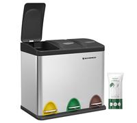 SONGMICS Poubelle Cuisine, Poubelle de Tri 3 x 8L, Petit Volume, Couvercles, Poubelle Triple en Acier, pour Petites Familles, Pédales et Seaux, Facile à Nettoyer, Argent et Noir LTB24L