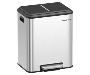 SONGMICS, poubelle de cuisine, système de tri des déchets, 2 x 15 litres, acier inoxydable, couleur argent métallique, capacité totale 30 litres