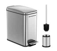SONGMICS Poubelle de salle de bain et brosse de toilette, petite poubelle avec couvercle, fine pour les petits espaces, poubelle en acier inoxydable, fermeture douce, argenté ULTB560E0501