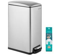 SONGMICS Poubelle fine de 50 litres pour espaces étroits avec couvercle à fermeture amortie, seau intérieur et pédale de marche, en acier inoxydable, 15 sacs poubelle inclus, argenté ULTB510E48