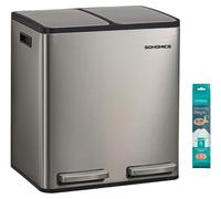 SONGMICS, poubelle pour cuisine, 2 x 15 litres, 2 compartiments, en acier inoxydable, couvercles à fermeture douce – argentée