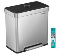 SONGMICS Poubelle Tri Sélectif 2 Bacs, 2 x 30L, Poubelle Double Cuisine en Inox, avec 15 Sacs Poubelles, avec Seaux en Plastique, Couvercles à Fermeture Lente, 58,2 x 31,5 x 60,5 cm, Argent LTB202E01